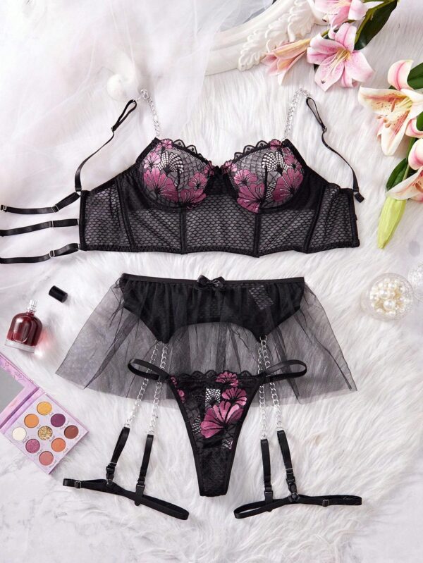 5pcs Women’s Sexy Lace Lingerie Set – Floral Mesh Bra, Garter Belt & Harness with Gold Chai - Image 3